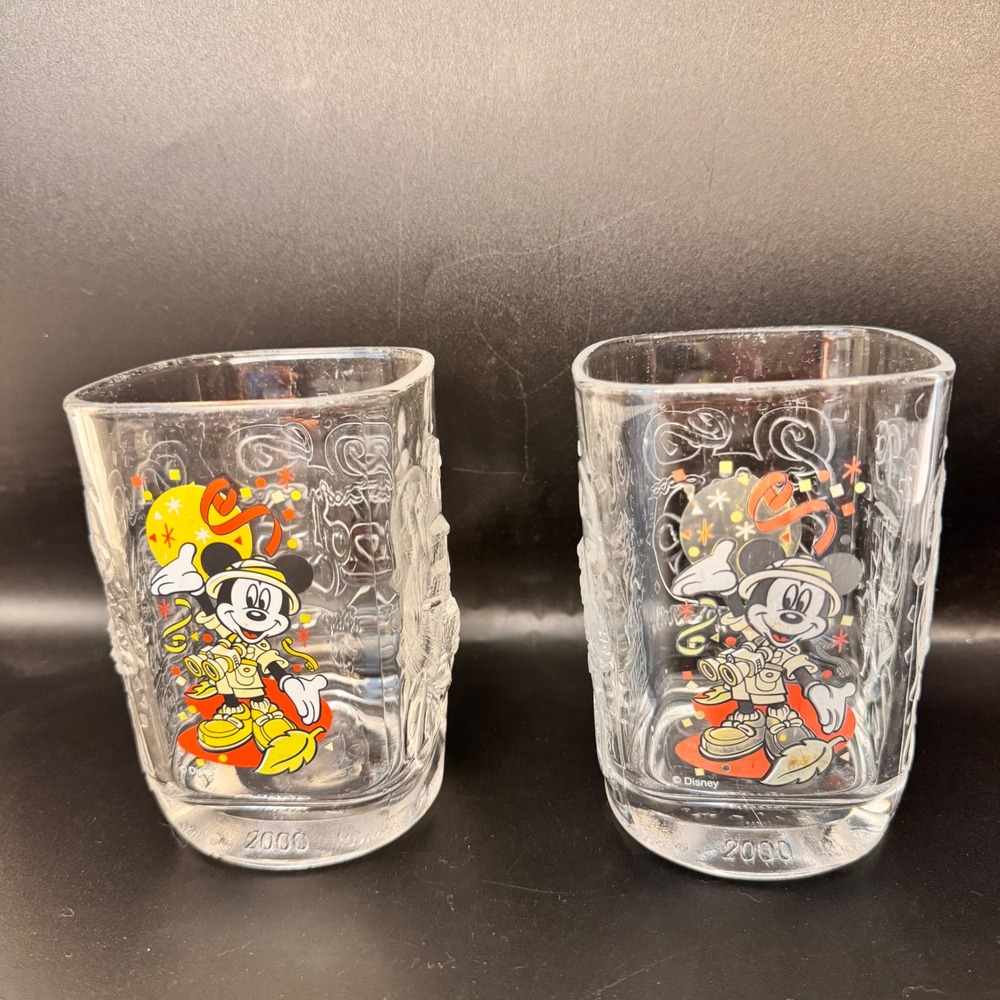 2 McDonalds Disney World Glass Clear 2000 Celebration Mickey Mouse Souvenir 16oz
